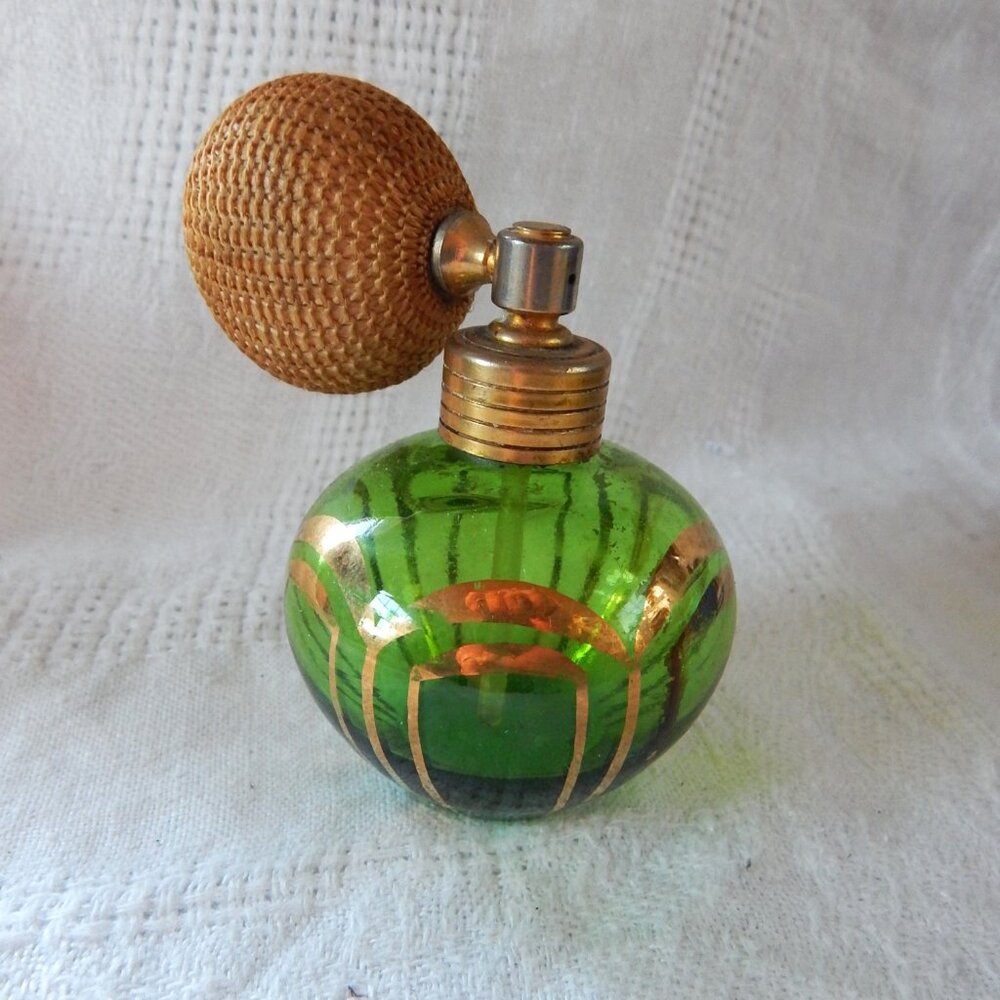 Vintage Green Glass Atomizer - Gold Accents